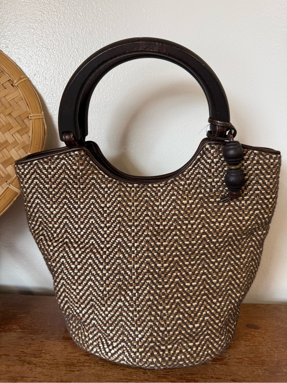 Liz Claiborne Woven Chevron Brown Tan Handbag Round Handles Boho Tote